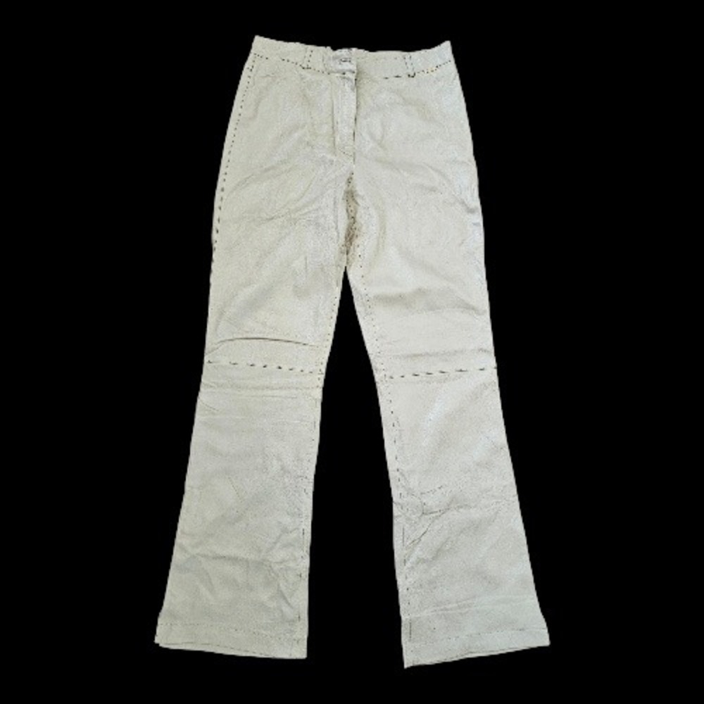 St.John Sport by Marie Gray VTG Leather Beige Gold Grunge Boho Flare Pants sz 6